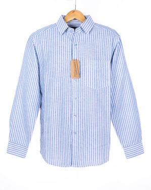 Indigo & White Yarn-Dyed Striped 100% European linen shirt. Soft, breathable, and gentle on the skin—perfect for refined all-day comfort.