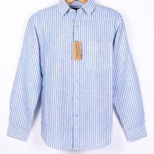 Indigo & White Yarn-Dyed Striped 100% European linen shirt. Soft, breathable, and gentle on the skin—perfect for refined all-day comfort
