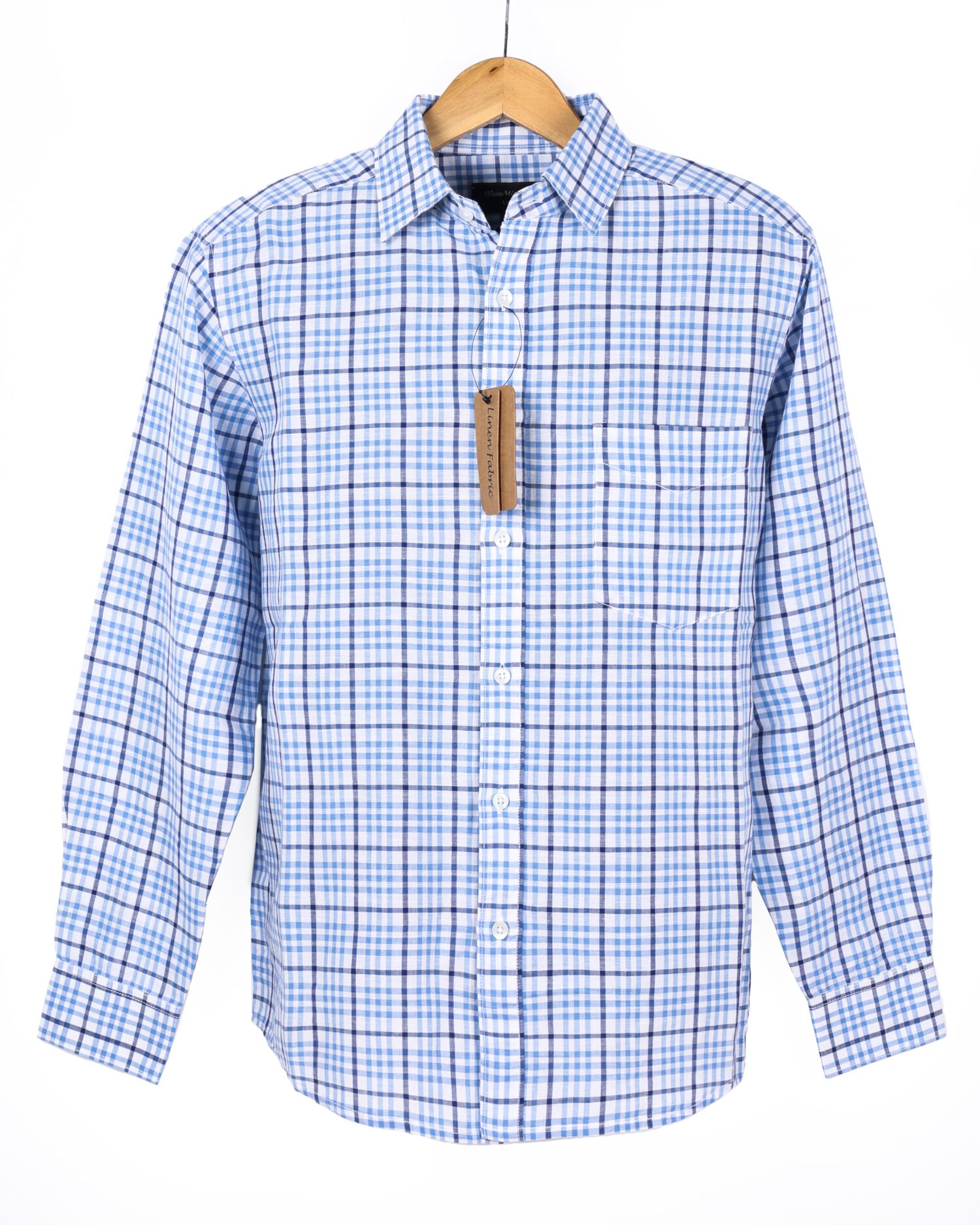 55% linen and 45% cotton, classic blue plaids checks on a crisp white base. Soft, lightweight, and perfect for all-day comfort with a refined look.