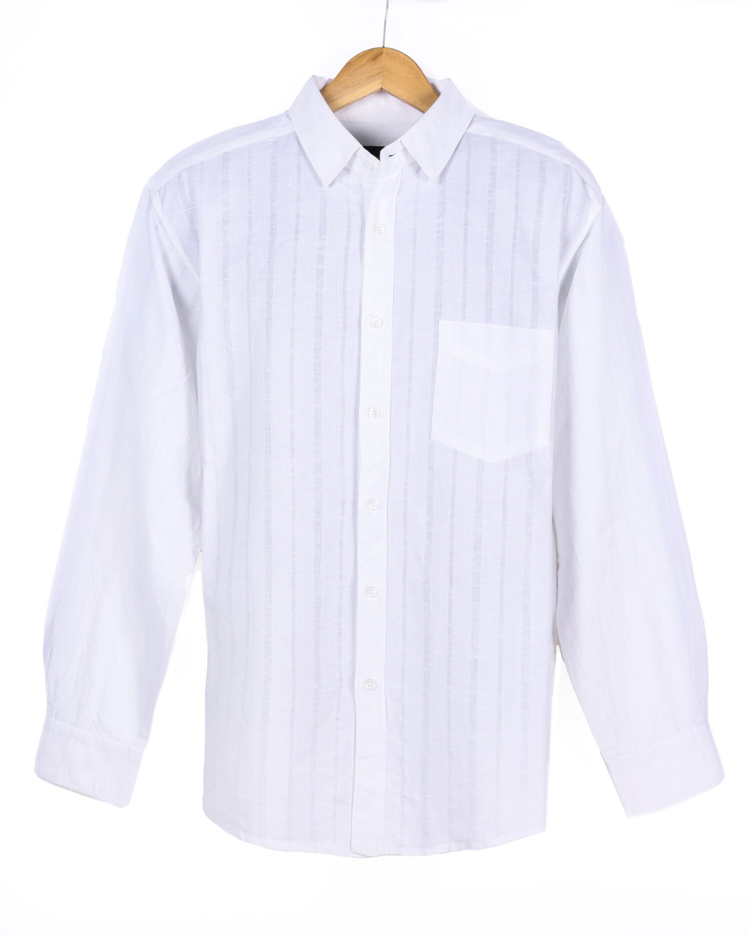 55% linen and 45% cotton blend, crisp white shirt with subtle woven stripes for added texture. Soft, and skin-friendly.