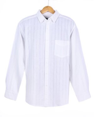 55% linen and 45% cotton blend, crisp white shirt with subtle woven stripes for added texture. Soft, and skin-friendly.