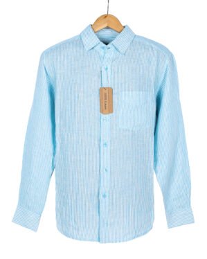 Turquoise Blue & White Pinstripe 100% Linen Shirt – Crafted from premium European yarn with an ultra soft finish that’s gentle on your skin